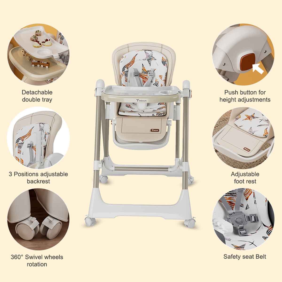 تيكنوم أرجوحة 5-في-1 باللون العاجي مع كرسي طعام وعجلات قابلة للقفل