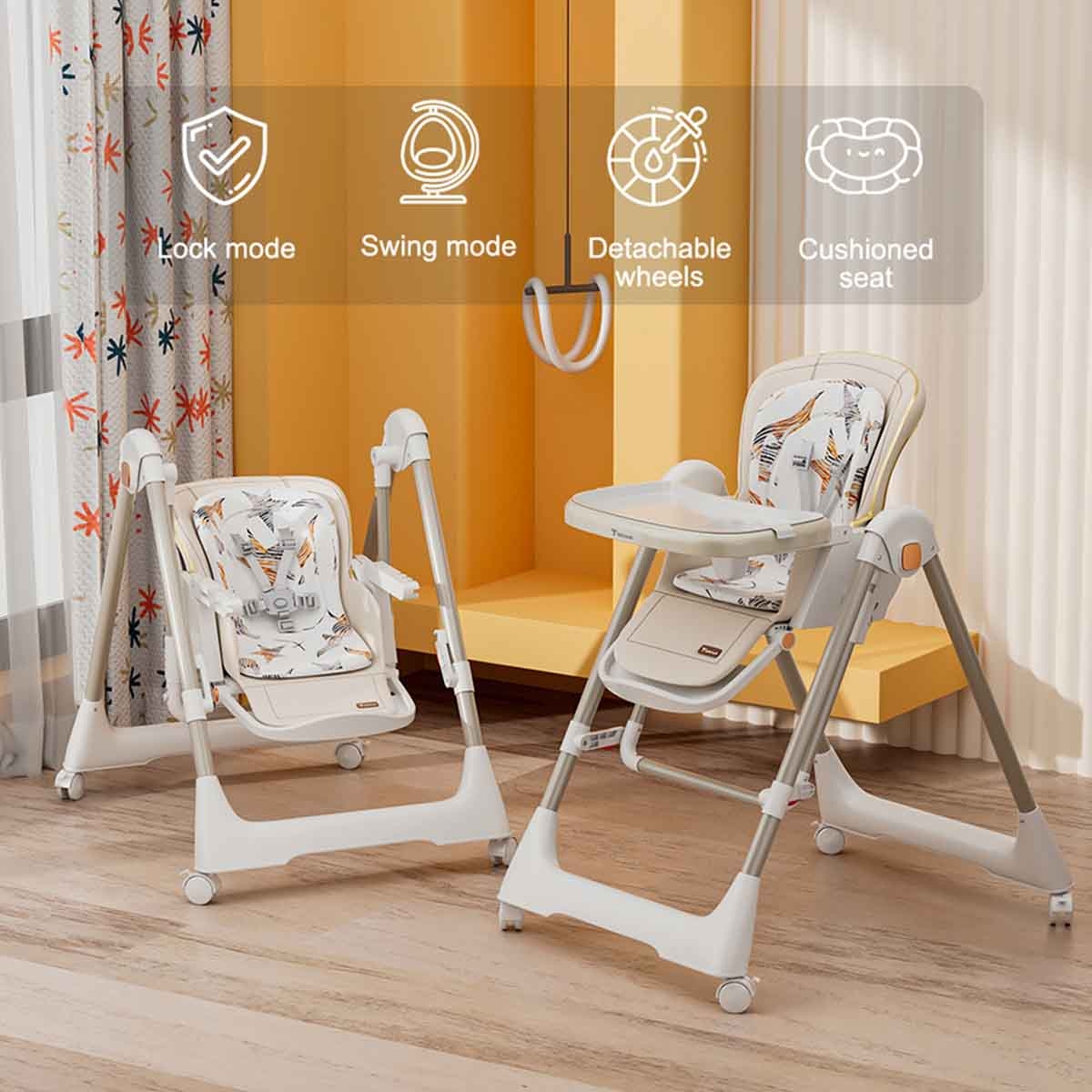 تيكنوم أرجوحة 5-في-1 باللون العاجي مع كرسي طعام وعجلات قابلة للقفل