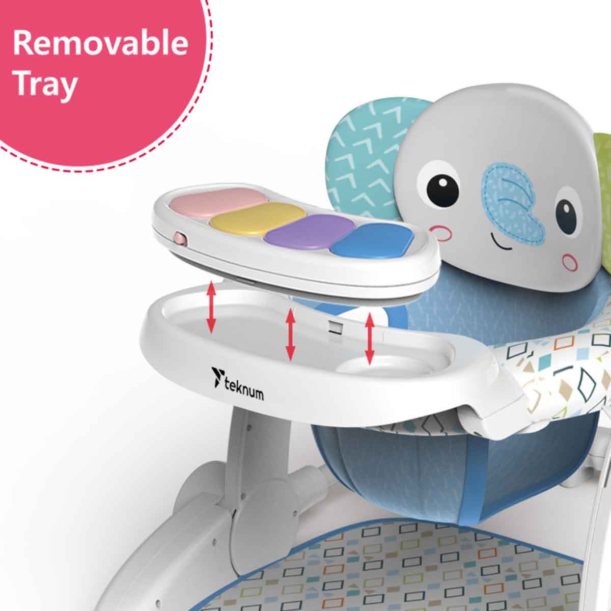 تيكنوم كرسي طعام محمول مع وضعية استرخاء للأطفال بتصميم فيل، 0-2 سنة
