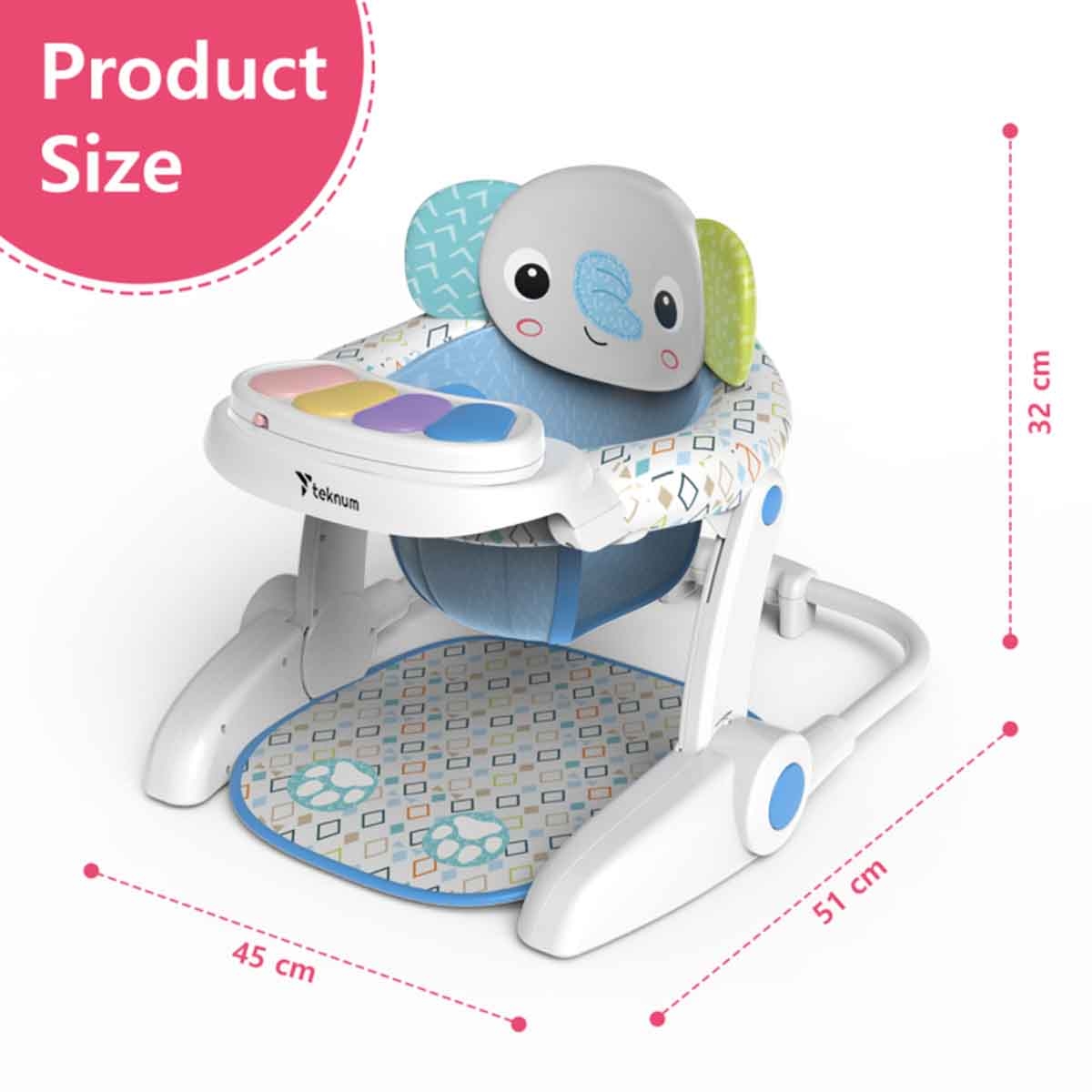 تيكنوم كرسي طعام محمول مع وضعية استرخاء للأطفال بتصميم فيل، 0-2 سنة