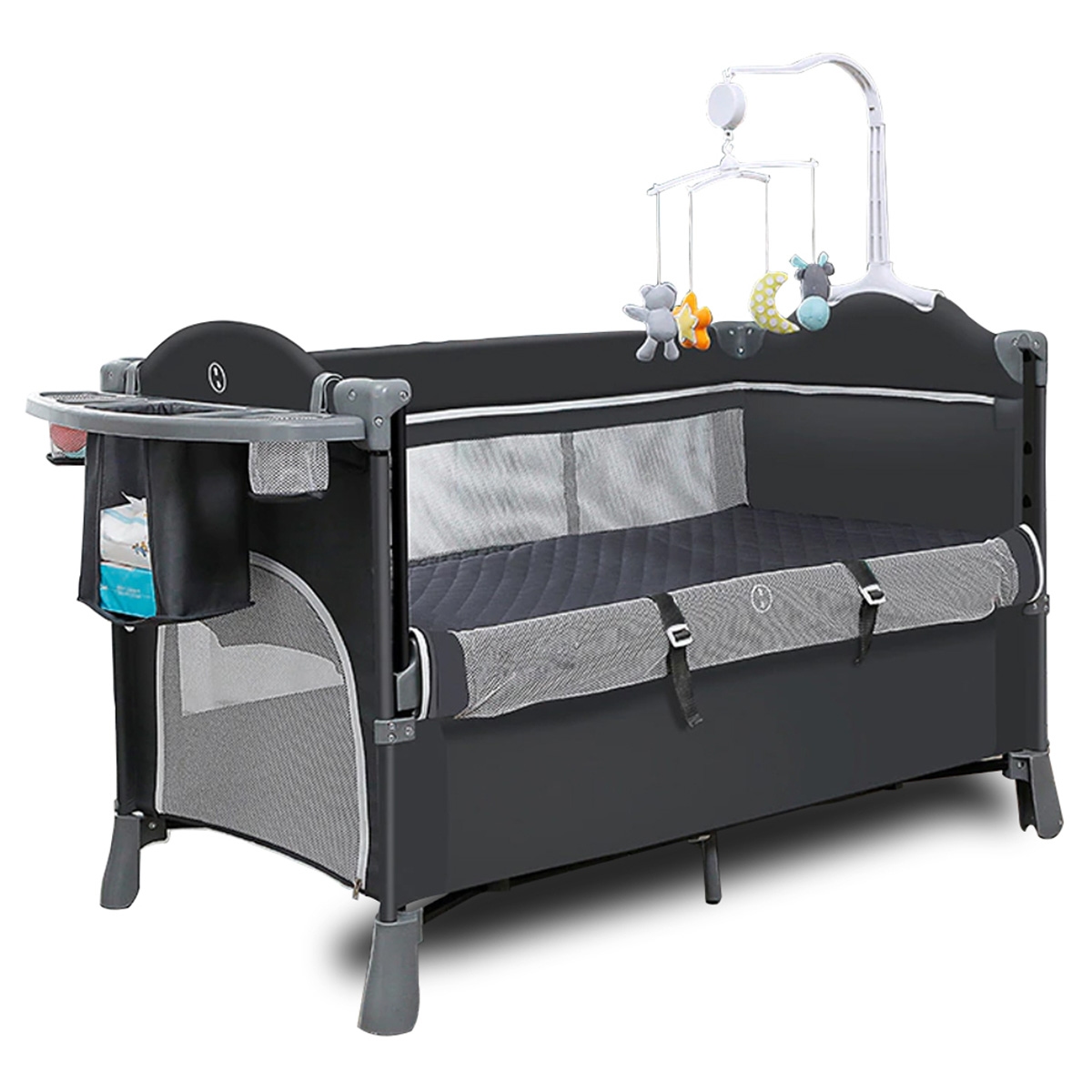 تيكنوم سرير أطفال جانبي 4 في 1 مع مهد وساحة لعب وهزاز باللون الرمادي للأطفال من عمر 0 إلى 2 سنة