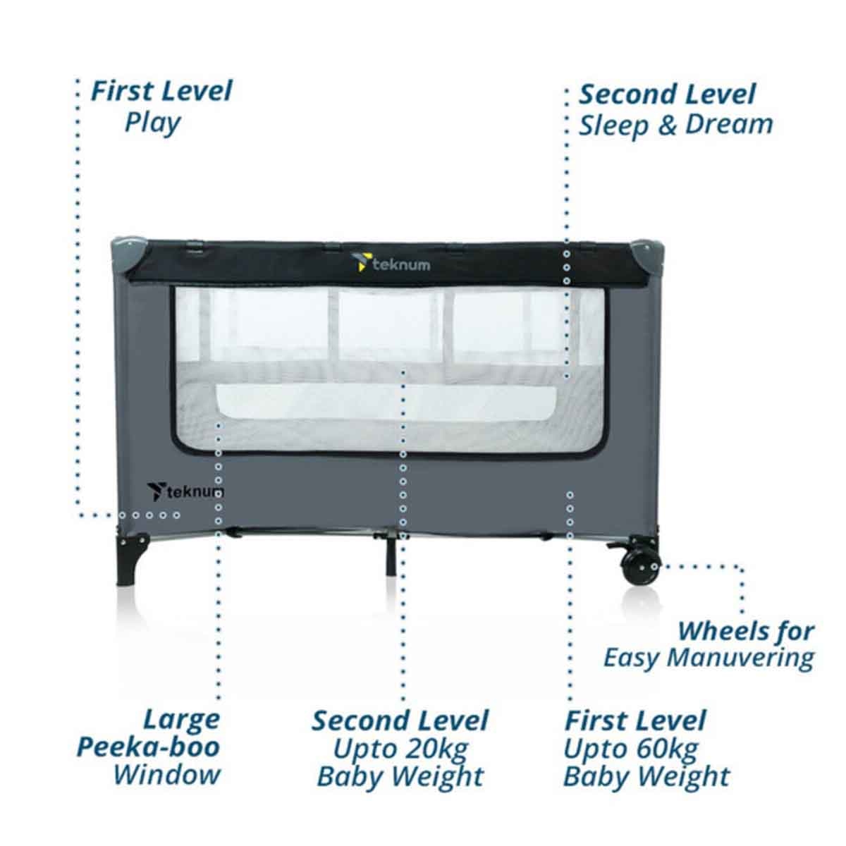تيكنوم سرير وملعب أطفال بتصميم رائد فضاء رمادي للأطفال، 0-2 سنة