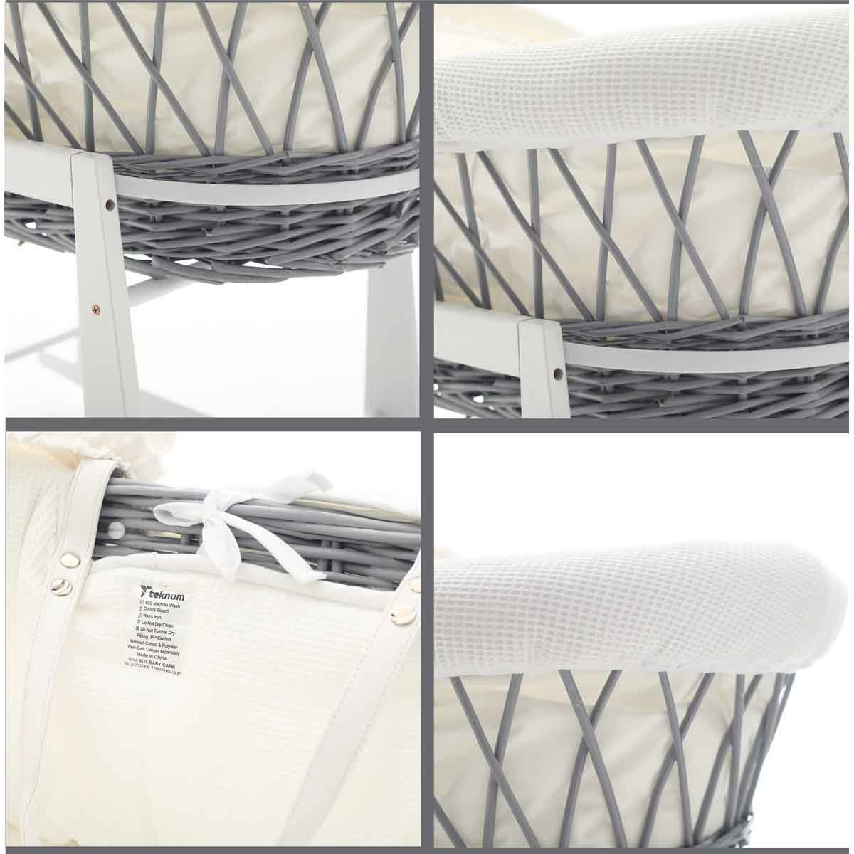 تيكنوم مهد موسى من الخوص مع طقم مفروشات وفل أبيض خشب رمادي، 0-2 سنوات