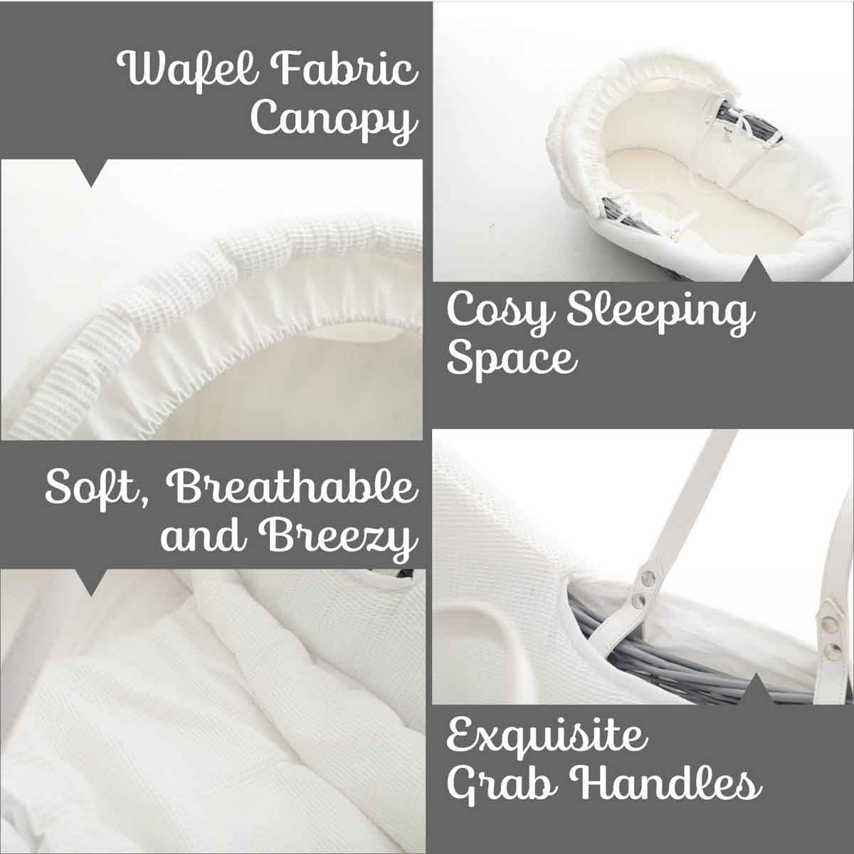 تيكنوم مهد موسى من الخوص مع طقم مفروشات وفل أبيض خشب رمادي، 0-2 سنوات