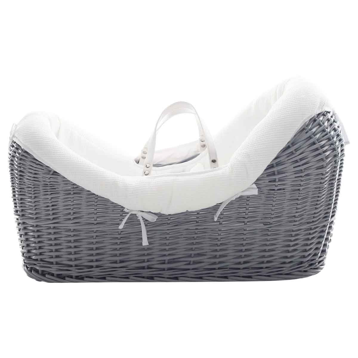 تيكنوم مهد موسى بود من الخوص مع طقم مفروشات وفل أبيض خشب رمادي، 0-2 سنوات