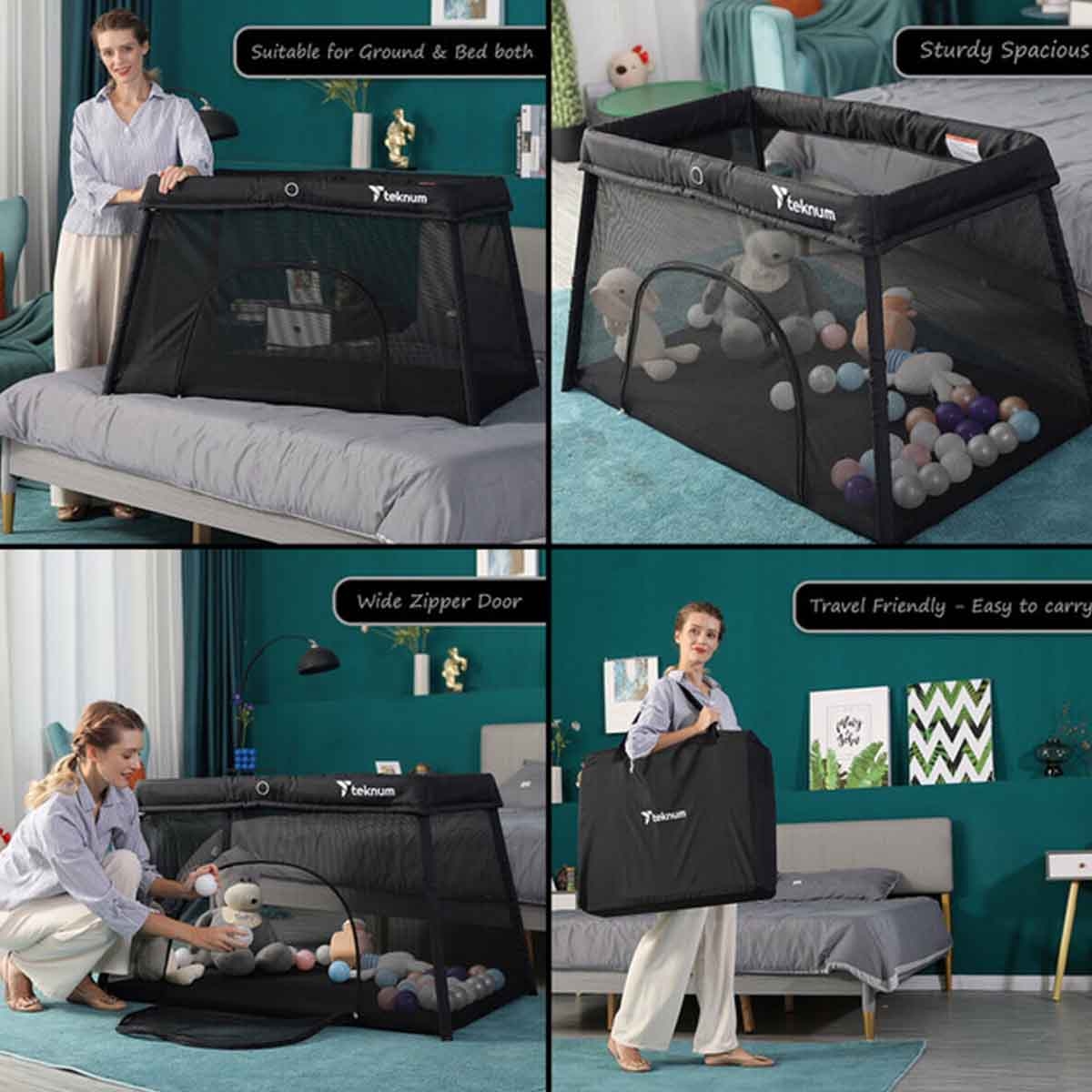تيكنوم سرير متنقل قابل للطي باللون الأسود مع باب بسحاب وحقيبة حمل