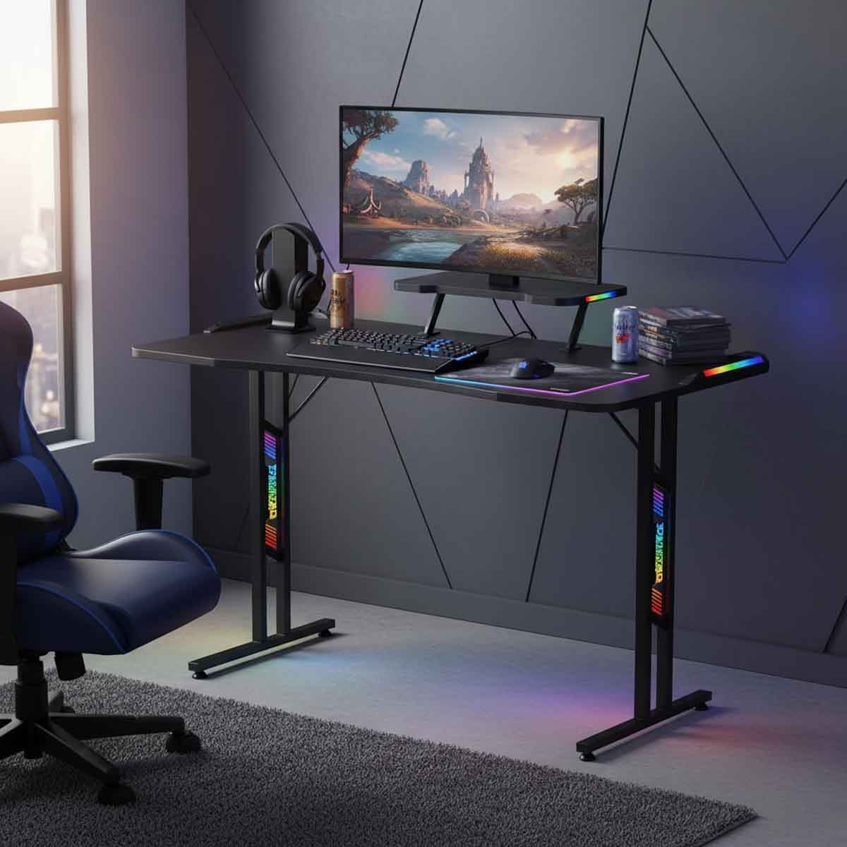 تويستد مايندز مكتب ألعاب RGB بسطح مزدوج بشكل حرف T