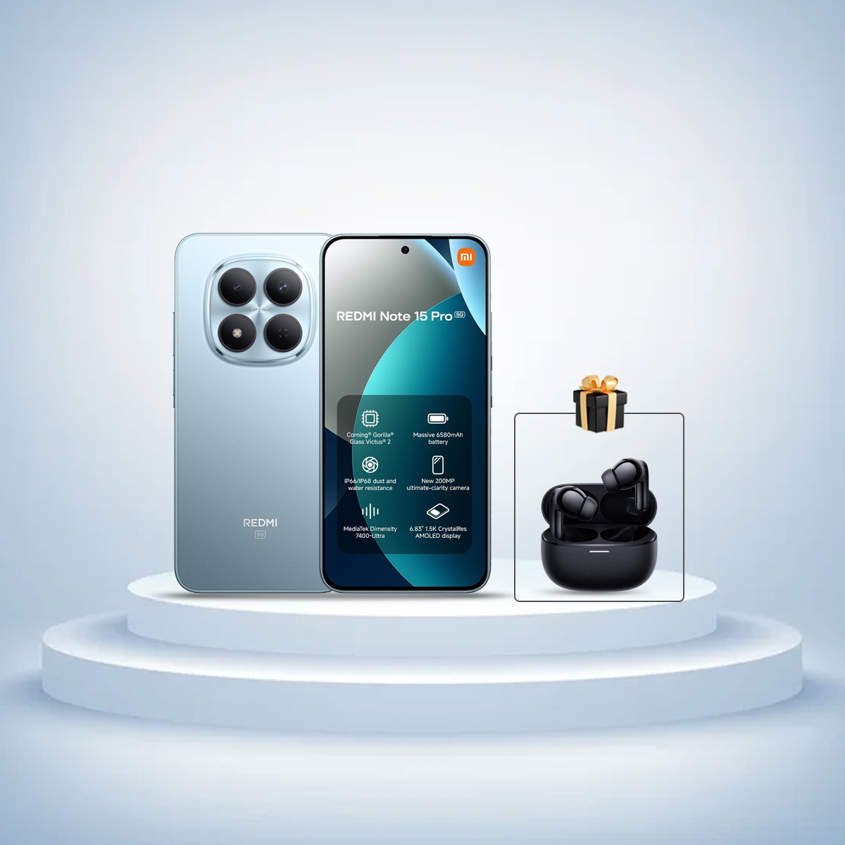 شاومي جوال ريدمي نوت 15 برو 5G أندرويد (ذاكرة 8 جيجابايت، سعة 256 جيجابايت) – أزرق، إصدار السعودية، مع سماعات شاومي Buds 5 Pro هدية