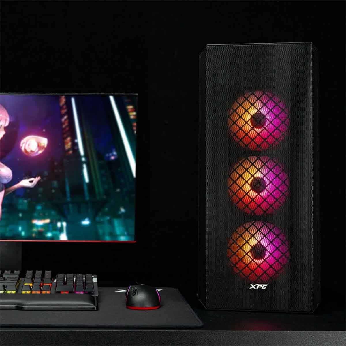 إكس بي جي كيس كمبيوتر ATX باللون الأسود مع 3 مراوح غير ARGB ولوحة أمامية شبكية سلسلة Defender