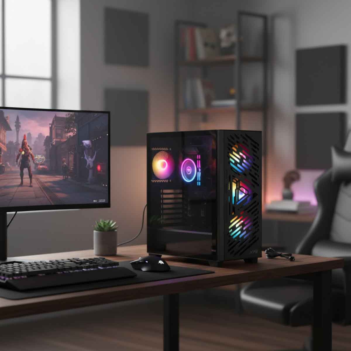 إكس بي جي كيس كمبيوتر ATX باللون الأسود مع 4 مراوح ARGB سلسلة Lander 501 ولوحة أمامية شبكية RGB