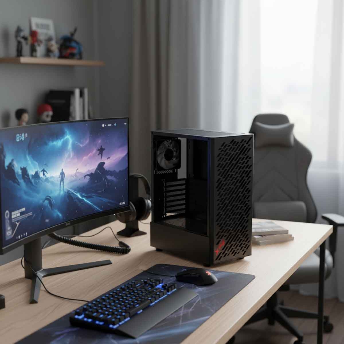 إكس بي جي كيس كمبيوتر ATX باللون الأسود مع 4 مراوح غير ARGB سلسلة Valor Air مع لوحة أمامية شبكية