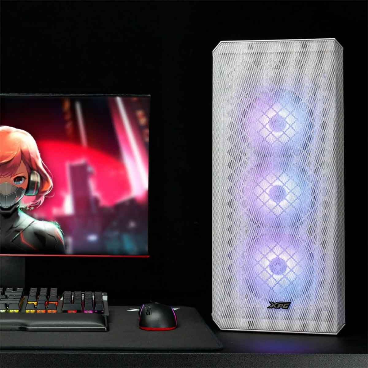 إكس بي جي كيس كمبيوتر ATX باللون الأبيض مع 3 مراوح غير ARGB ولوحة أمامية شبكية سلسلة Defender