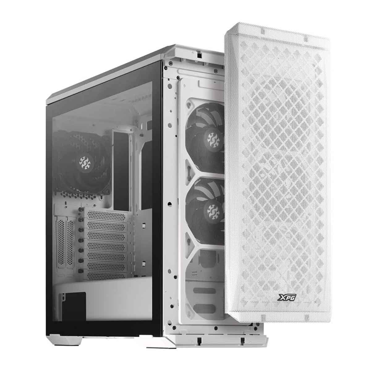 إكس بي جي كيس كمبيوتر ATX باللون الأبيض مع 3 مراوح غير ARGB ولوحة أمامية شبكية سلسلة Defender