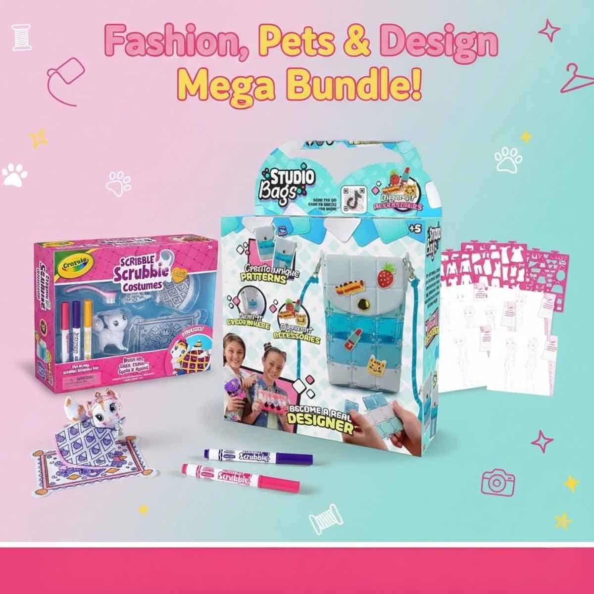 Crayola Pets Scribble Scrubbie & Creations Fashion Sketch Set Bundle Pack Unisex, 8-10 Years