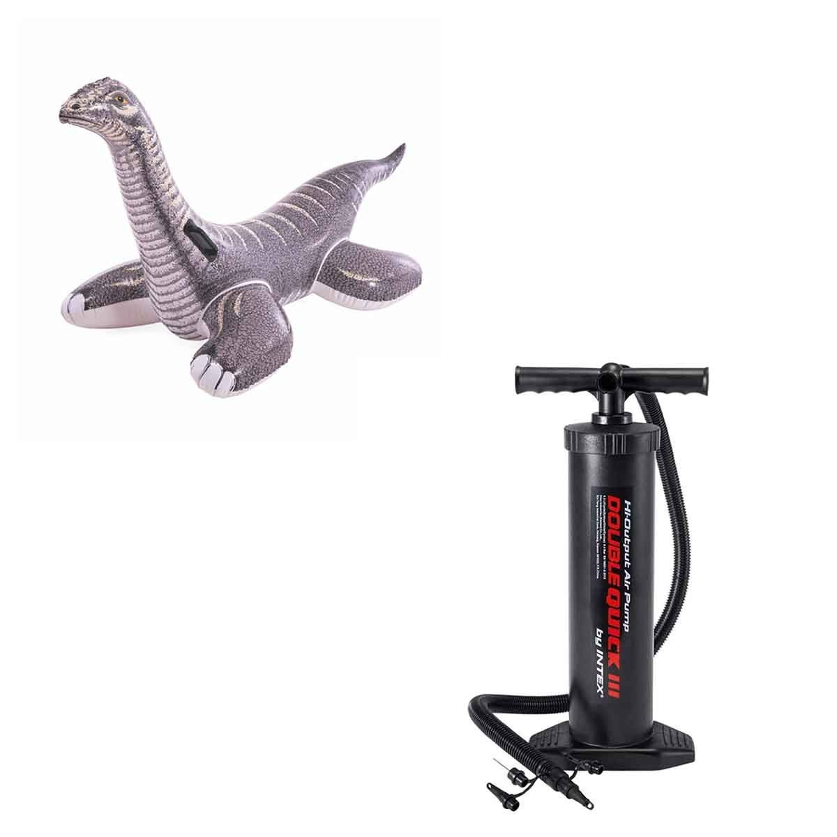 Intex Brontosaurus Ride-On Inflatable Pool Float with Double Quick III Hand Pump Bundle Unisex, 3-4 Years