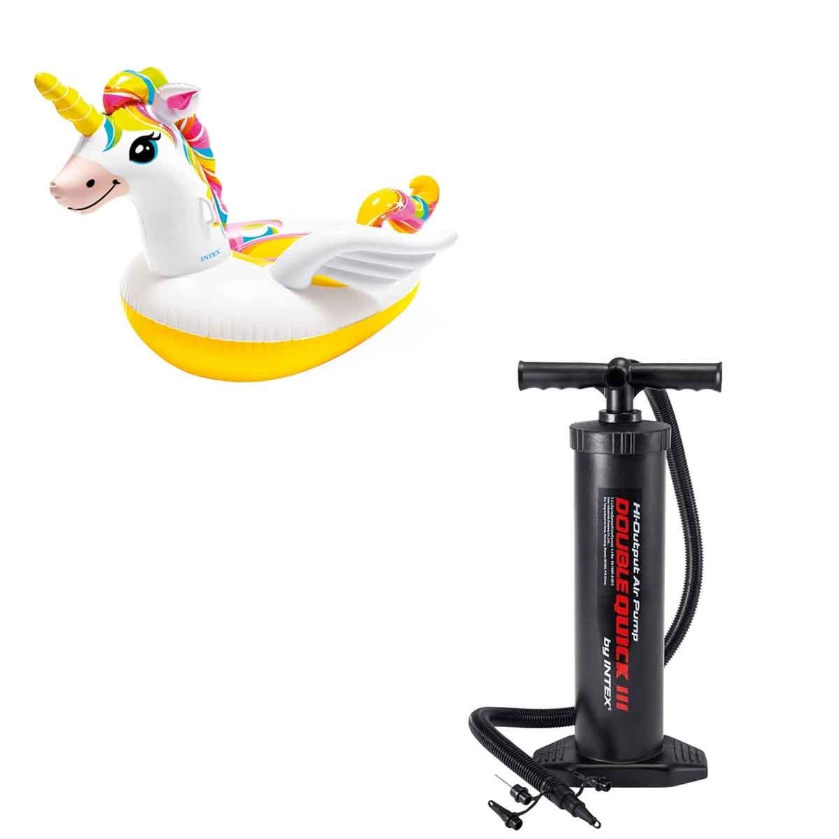 Intex Ride-On Unicorn Pool Float with Double Quick III Hand Pump Bundle Unisex, 13+ Years