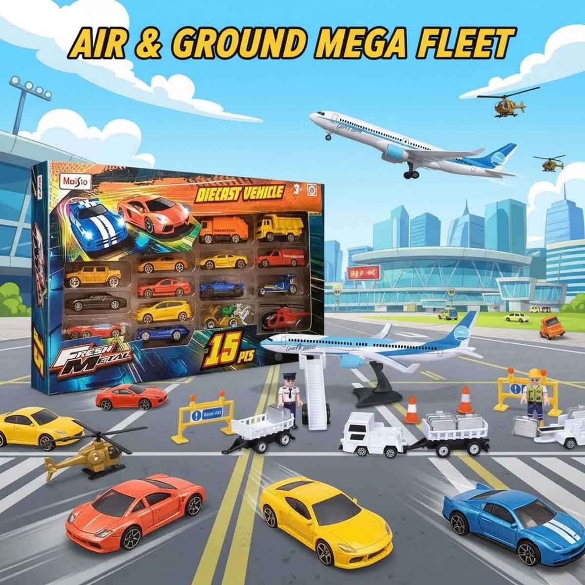 Maisto Diecast Assorted Airport Playset & Fresh Metal Diecast Vehicle Bundle Unisex, 3-4 Years