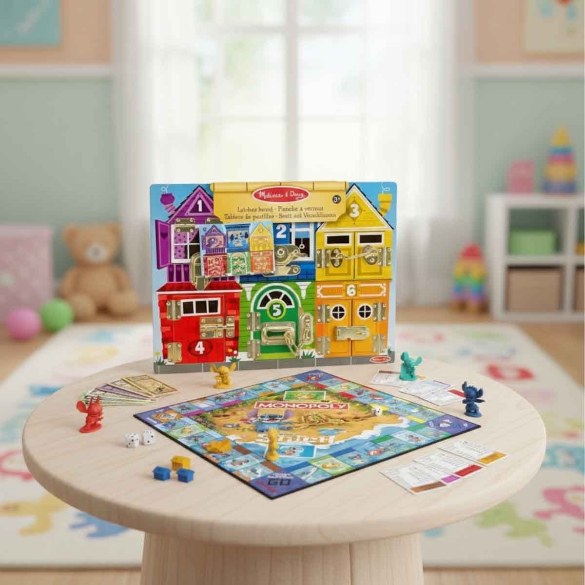 Monopoly Stitch Game & Melissa & Doug Latches Wooden Activity Board Game Bundle Unisex, 8-10 Years