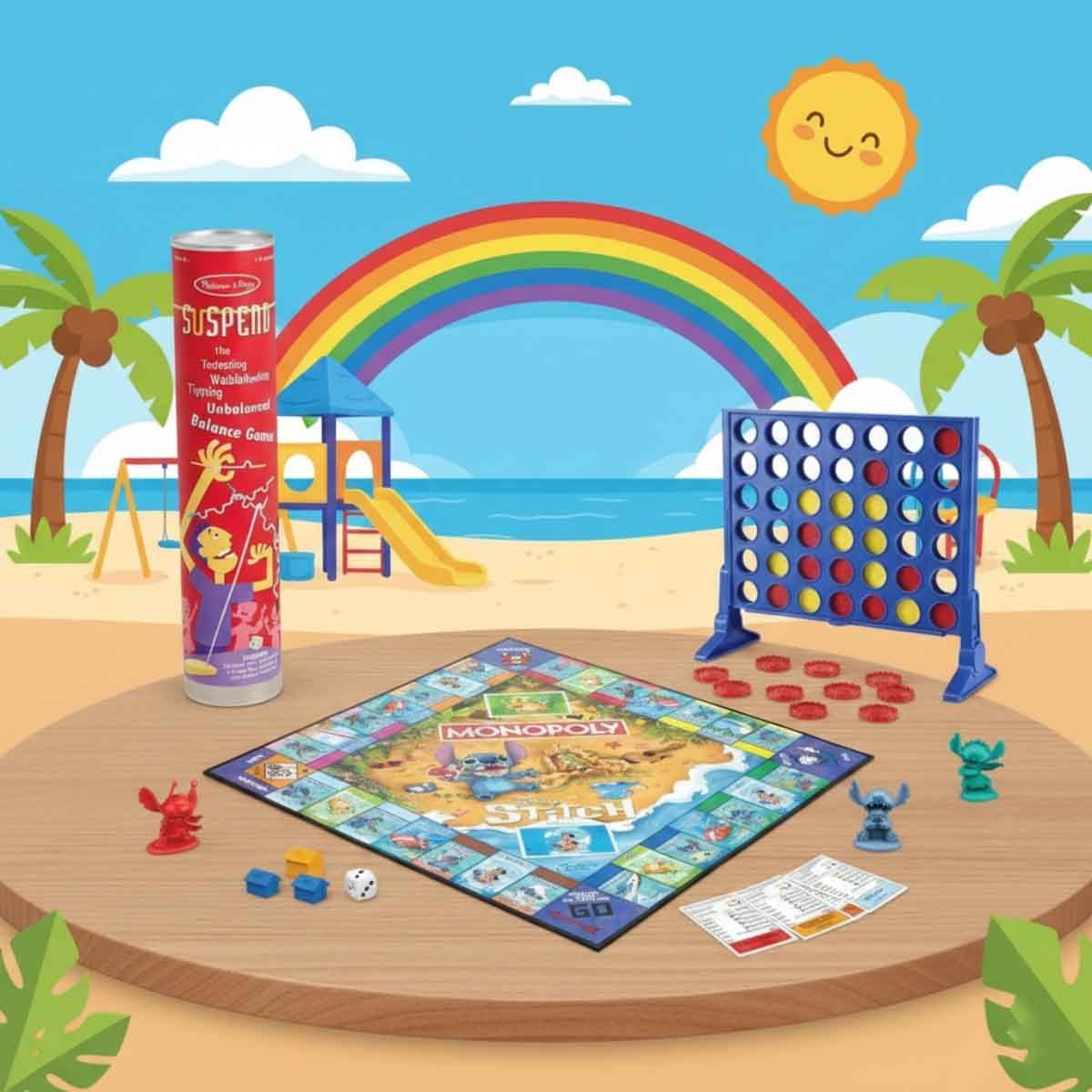 Monopoly Stitch Game with Hasbro Connect 4 & Melissa & Doug Family Stacking Tower Board Game Bundle Unisex, 8-10 Years